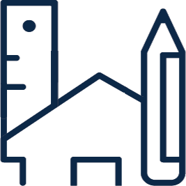 blue outline of ruler, pencil and house for icon.