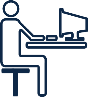 Outline of person sitting at a computer in navy blue.